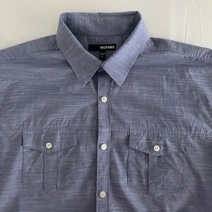Murano Men's button up shirt blue collared front pockets rounded bottom Large